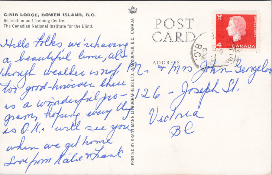 CNIB Lodge Bowen Island BC Canadian National Institute for Blind Postcard S1