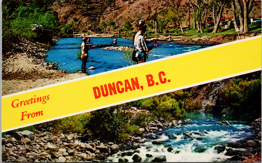 Greetings from Duncan BC British Columbia Fishermen Fishing Postcard S2