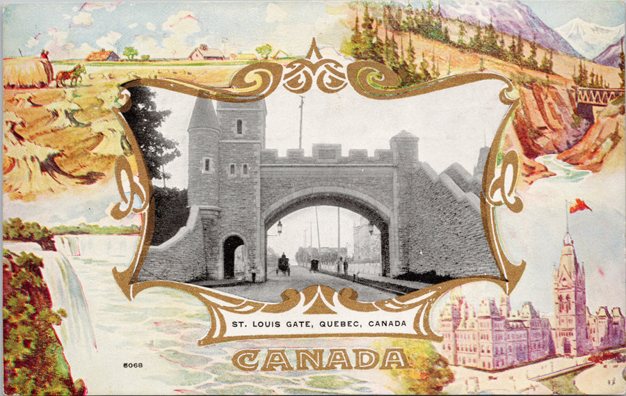 St. Louis Gate Quebec QC Canada Patriotic Warwick & Rutter Postcard S2