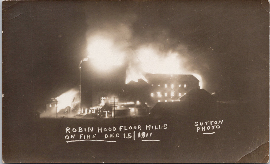 Moose Jaw SK Robin Hood Flour Mills on Fire Dec 1911 Sutton RPPC Postcard S2