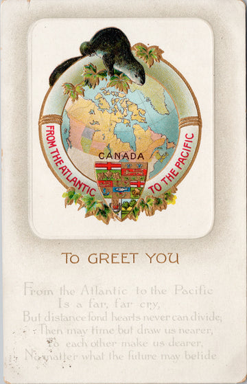 Canada Patriotic Beaver Coat of Arms 'From the Atlantic to the Pacific' Postcard S2 *as is