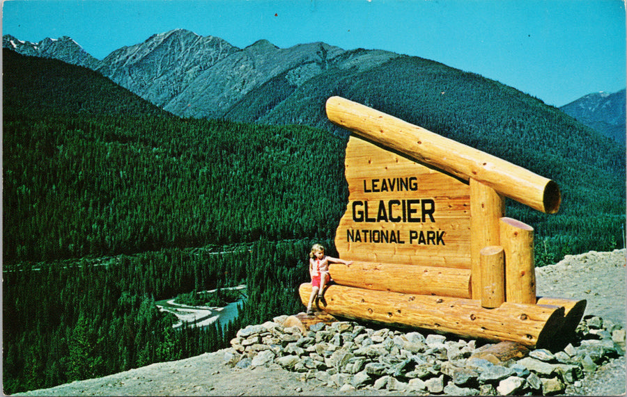 Rogers Pass BC Leaving Glacier Park Sign near Golden Unused Postcard S3