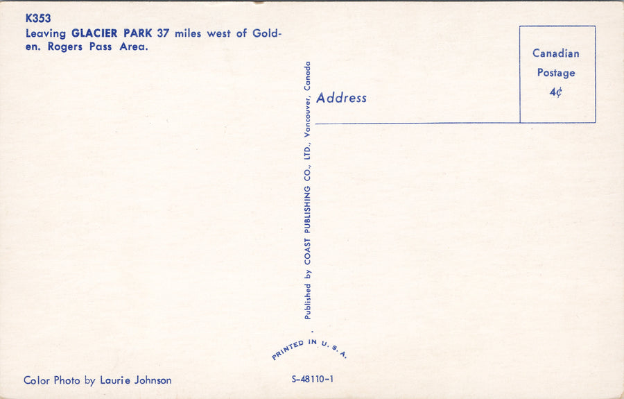 Rogers Pass BC Leaving Glacier Park Sign near Golden Unused Postcard S3