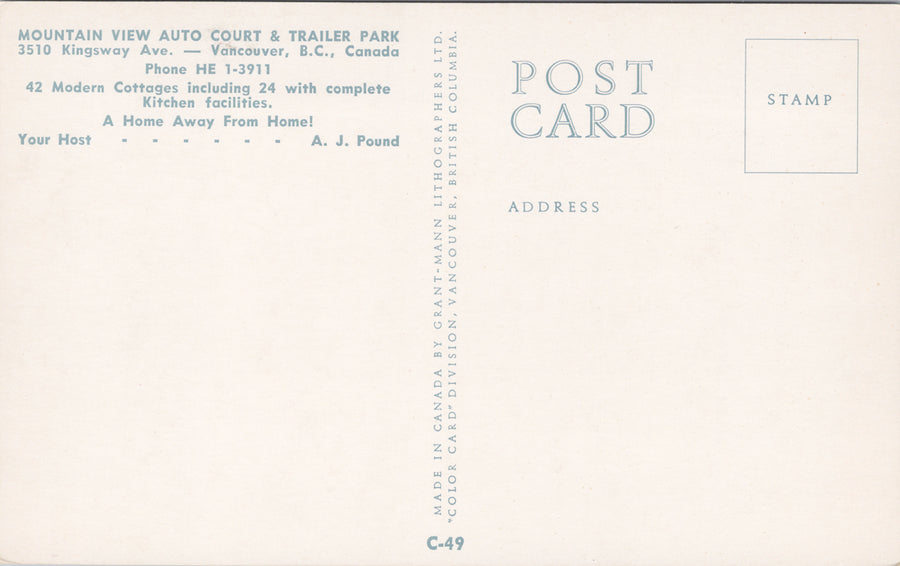 Vancouver BC Mountain View Auto Court & Trailer Park Unused Postcard S3