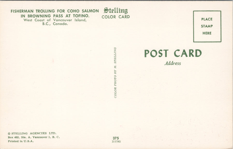 Tofino BC Browning Pass Fisherman Trolling for Coho Salmon Unused Postcard S3