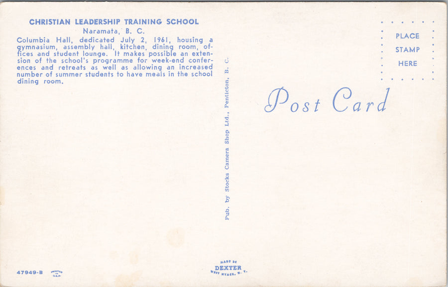 Naramata BC Christian Leadership Training School Columbia Hall Postcard S3