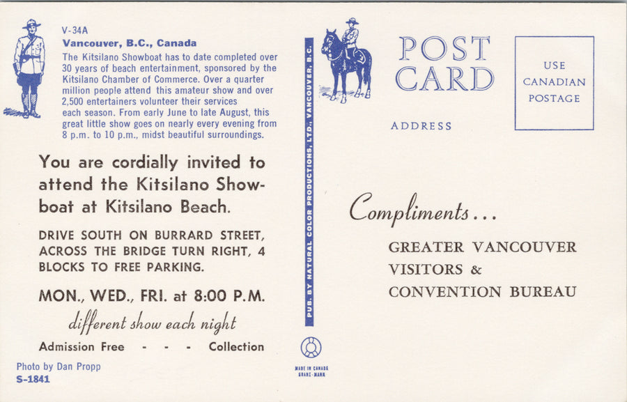 Vancouver BC Kitsilano Show Boat Kits Beach Advertising Postcard S3