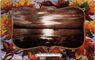 Sunset on Lake Huron Ontario Boat Patriotic Maple Leaf LJ Gilland Postcard S3