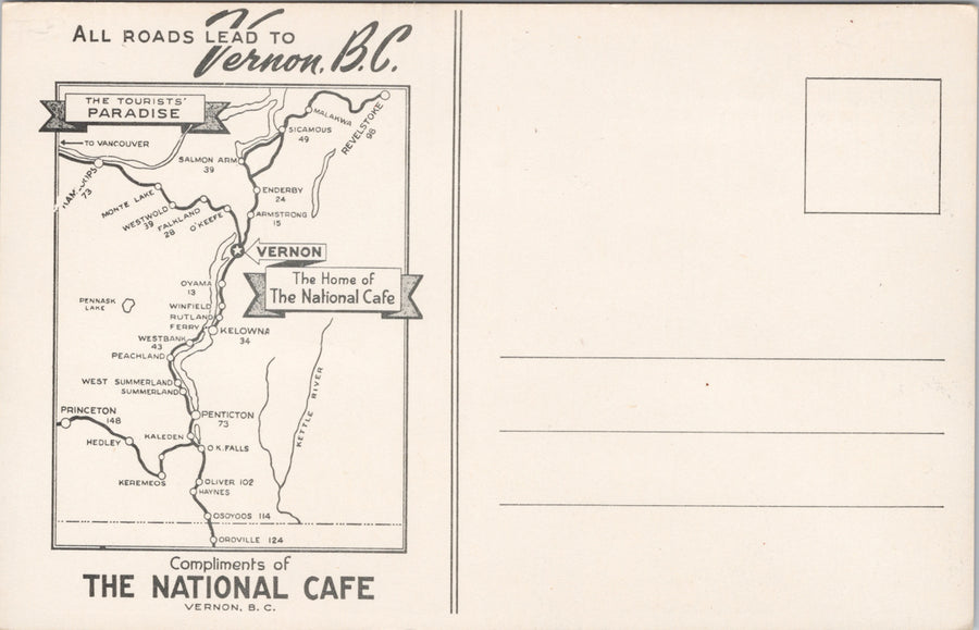 Vernon BC The National Cafe Interior View Map on Back Unused Litho Postcard S3