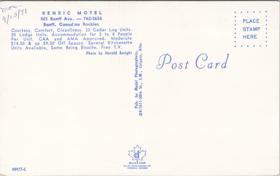 Kenric Motel Banff Alberta AB c1971 Postcard S3