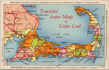 Tourists Auto Map of Cape Cod MA Unused Linen Postcard S3