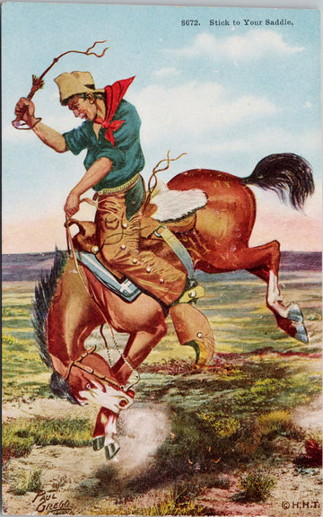 Cowboy Bucking Horse 'Stick To Your Saddle' Cow Boy Series Paul Gregg Artist Unused Postcard S3