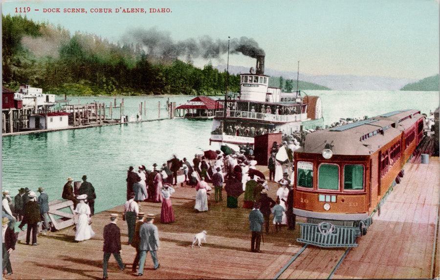 Coeur d'Alene ID Dock Scene Train 'Idaho' Steamer Unused Mitchell Postcard S3