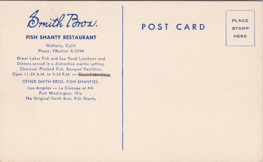 Smith Bros Fish Shanty Restaurant Walteria CA Map Advertising Postcard S3