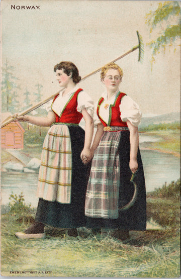 Norway Two Women Girls Farming Yard Workers Eneberettiget Postcard S3 *as is