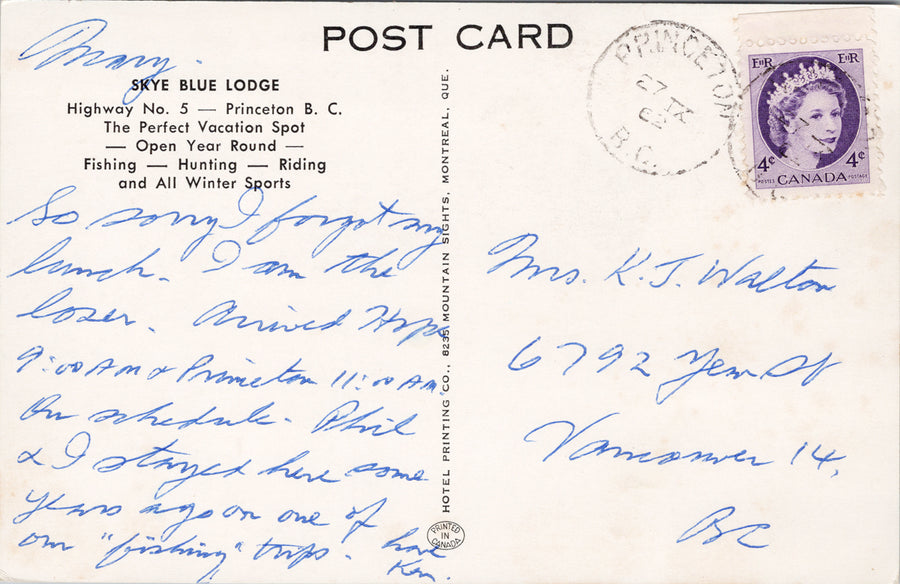 Sky Blue Lodge Princeton BC British Columbia Cabins c1962 Postcard S3