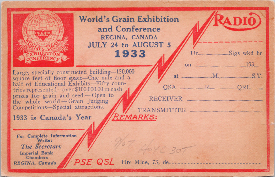 Regina SK World's Grain Exhibition Conference 1933 Radio QSL Postcard S3 *as is