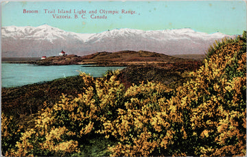 Victoria BC Broom Trial Island & Olympic Mountains WA Postcard S4