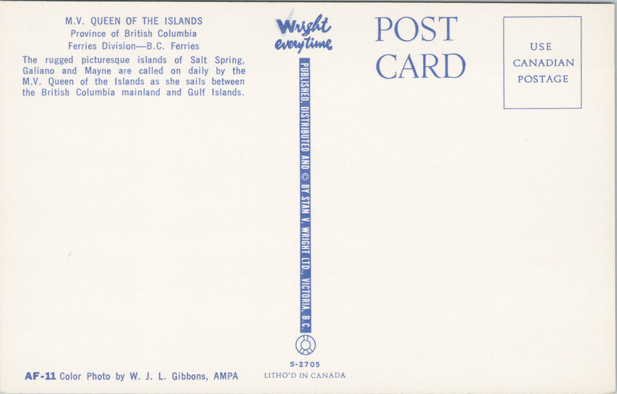 MV 'Queen Of The Islands' BC Ferries Ferry Boat Unused Postcard S4