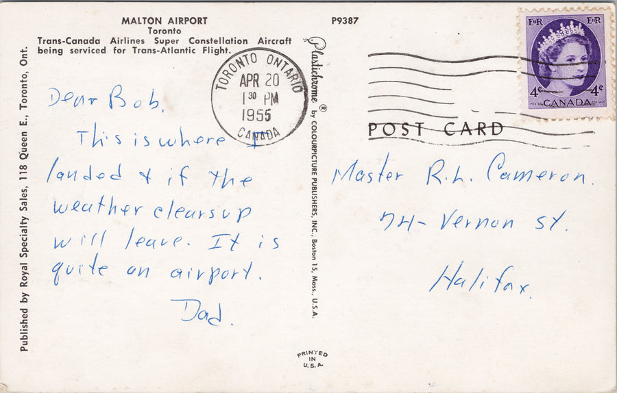 Malton Airport Toronto Ontario TCA Super Constellation Airplane Postcard S4