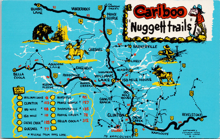 Map Cariboo Nuggett Trails BC British Columbia Nugget Unused Postcard S4