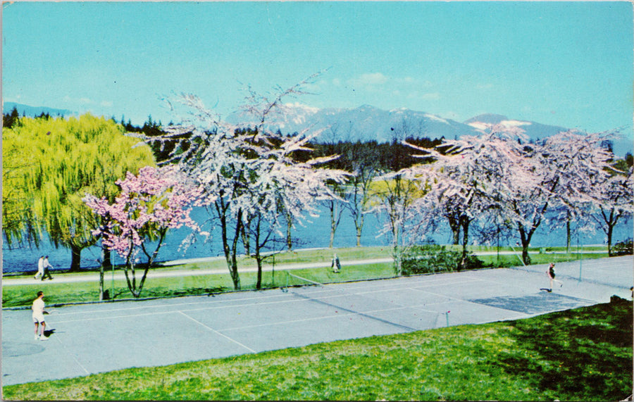 Stanley Park Tennis Court Vancouver BC Pink Cherry Blossoms Postcard S4