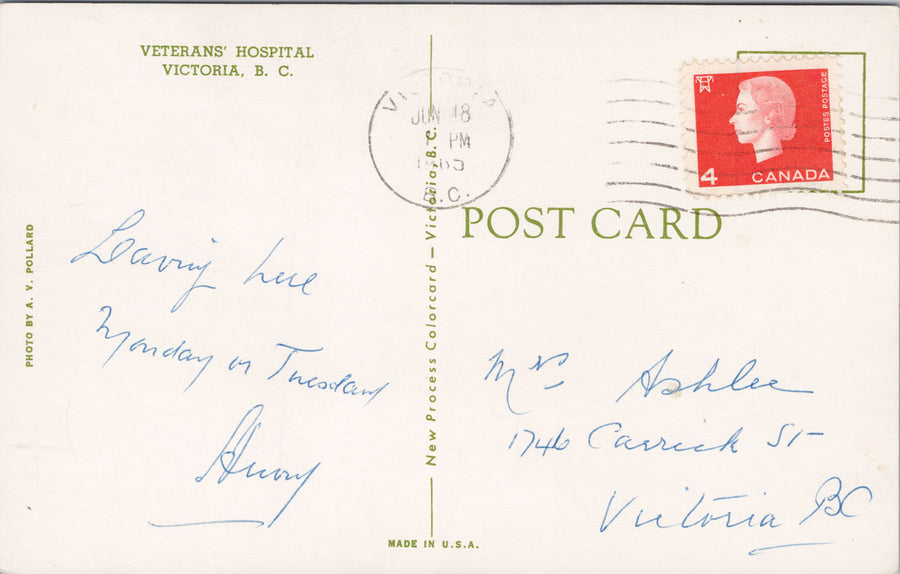 Victoria BC Veteran's Hospital c1965 AV Pollard Postcard S4