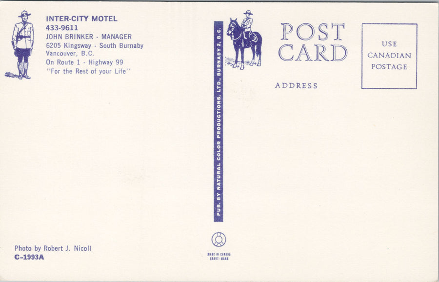 Inter-City Motel Vancouver BC Kingsway Unused Postcard S4