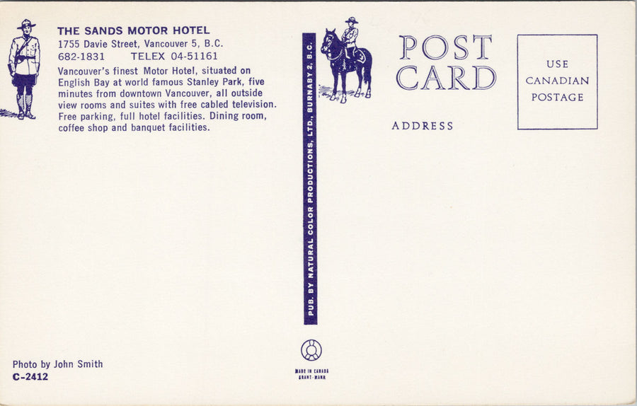 The Sands Motor Hotel Vancouver BC 1755 Davie Street Unused Postcard S4