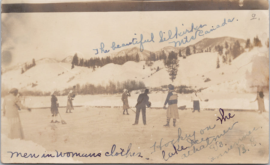 Athalmer BC Men in Women's Clothing Broomball or Ice Hockey Postcard S5