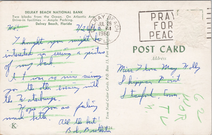 Delray Beach FL Delray Beach National Bank c1960 Postcard S5