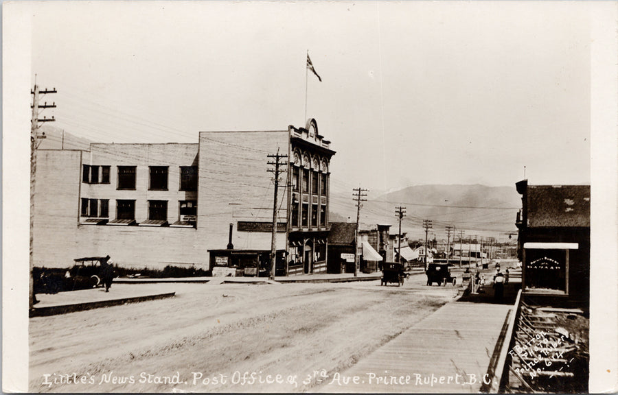 Prince Rupert BC 3rd Avenue Little's News Stand Post Office Button #614 RPPC Postcard S5