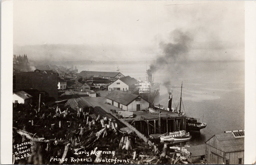 Prince Rupert BC Waterfront Early Morning Button #253 RPPC Postcard S5