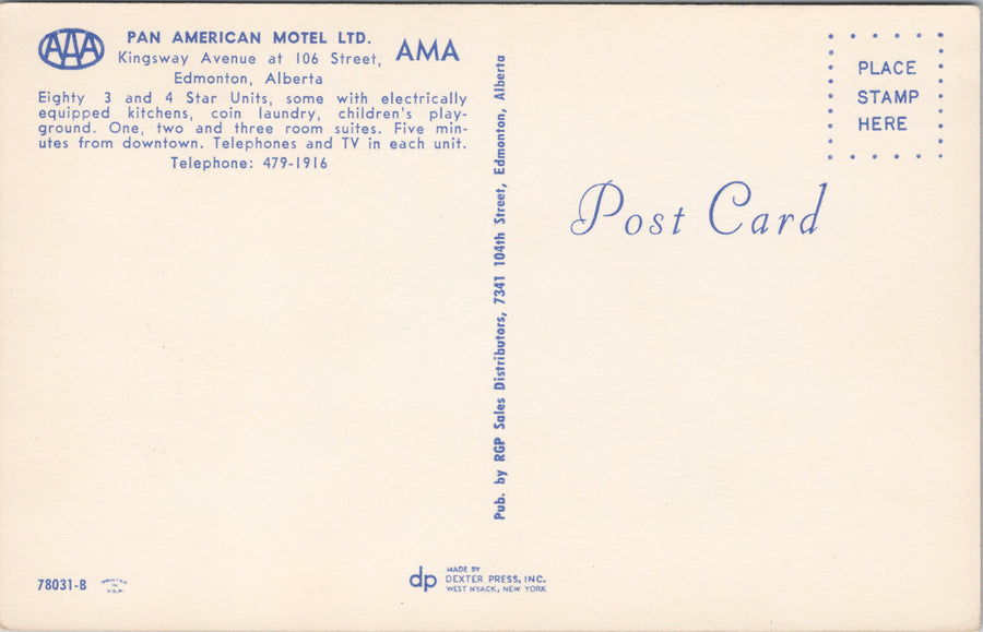 Edmonton AB Pan American Motel Restaurant Kingsway Avenue Unused Postcard S5