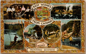 Hunting Scenes Best Wishes from Canada Patriotic Maple Leaf c1909 Postcard S5