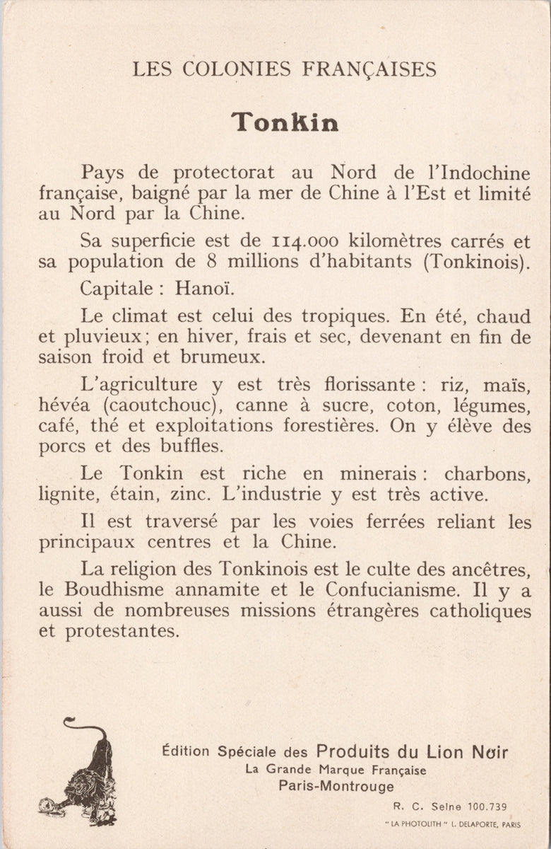 Tonkin Les Colonies Français Vietnam Map French Colony RC Selne Postcard S5