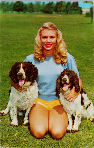 Pretty Blonde Woman Two Dogs Spaniels Pet Owner Unused Curteich Postcard 