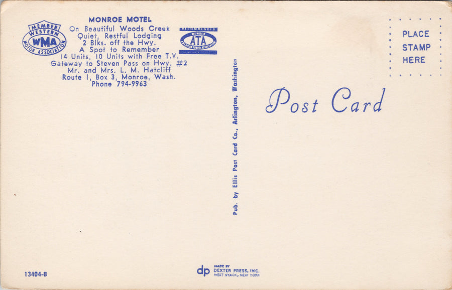 Monroe WA Monroe Motel Trailer RV Gateway to Steven Pass Unused Postcard S6