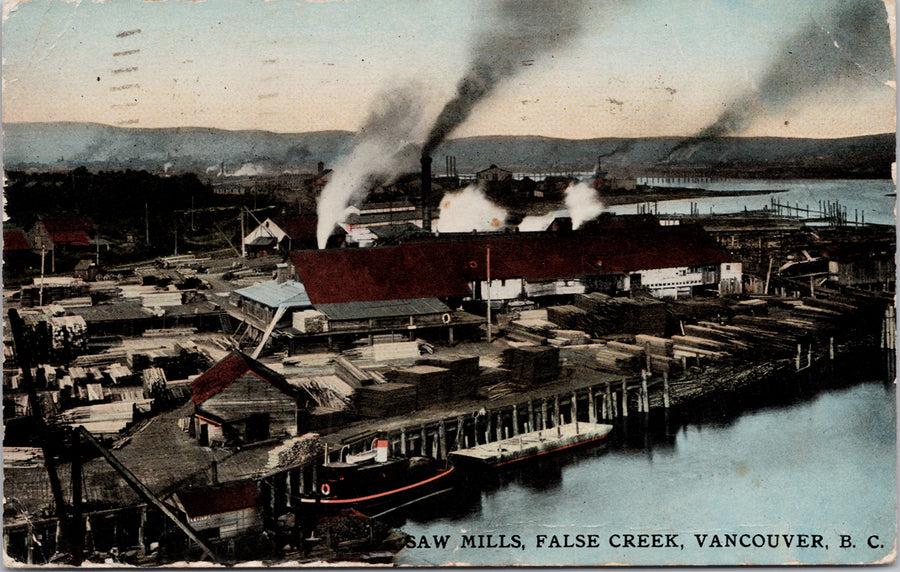 Vancouver BC Saw Mills False Creek Postcard 