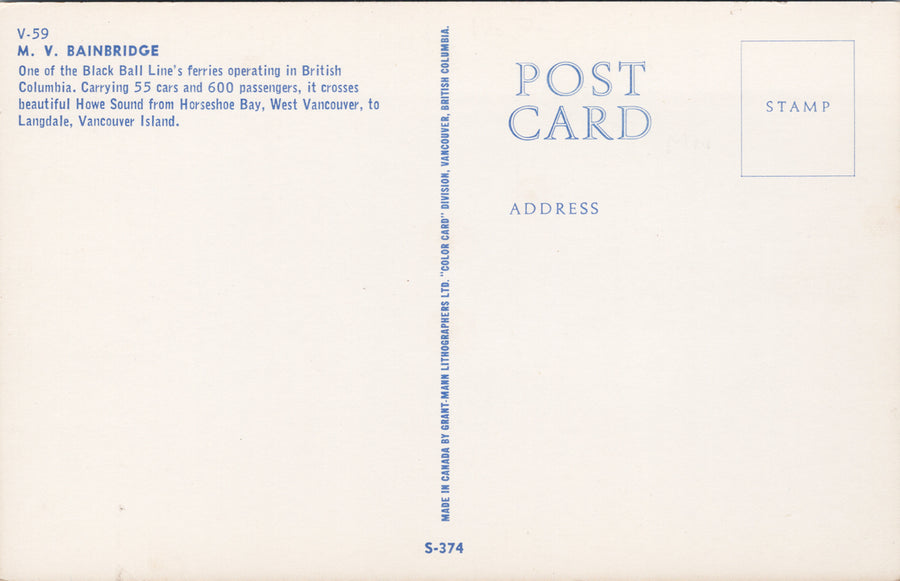 MV 'Bainbridge' Ferry Howe Sound BC Unused Postcard S6