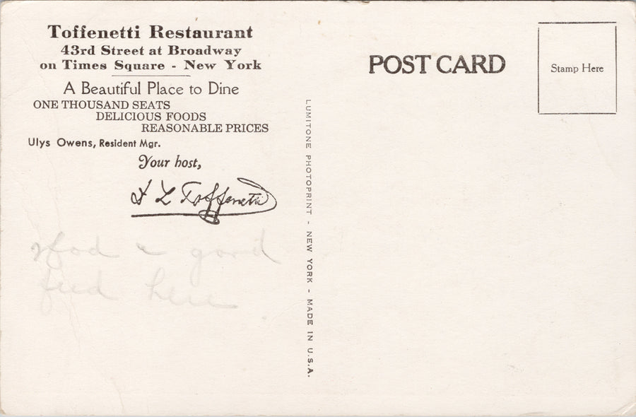 Toffenetti Restaurant New York City NY Advertising Postcard S6