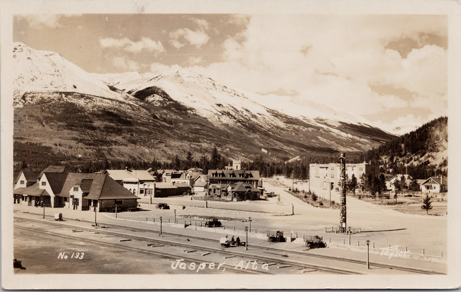 Jasper Alberta Train Station Railway Depot Totem Pole Athabasca Hotel Postcard 