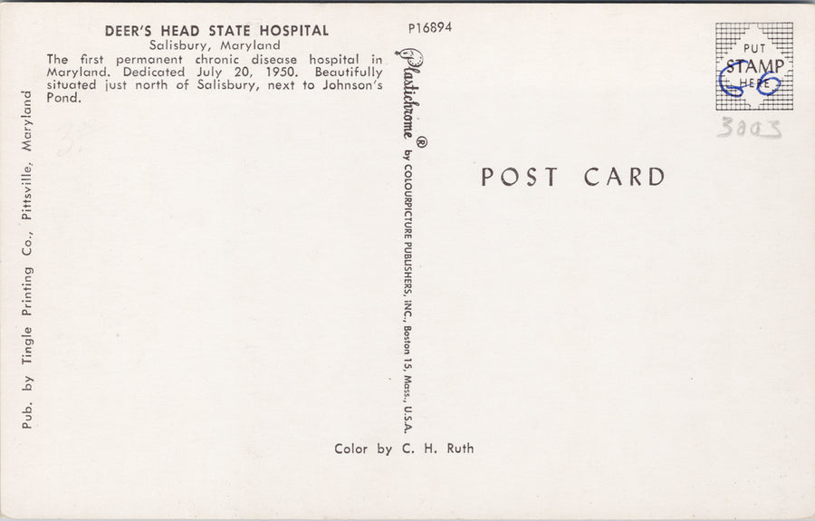 Salisbury MD Deer's Head State Hospital for Chronic Disease Unused Postcard S6