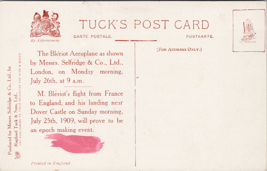 M. Louis Bleriot Aeroplane Airplane Channel Crossing Tuck Litho Postcard S6