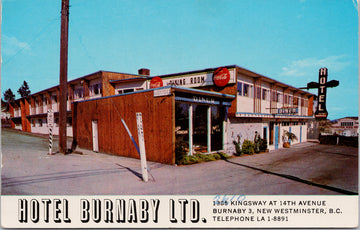 Hotel Burnaby New Westminster BC Kingsway Ave Coca-Cola Sign Vintage Postcard 