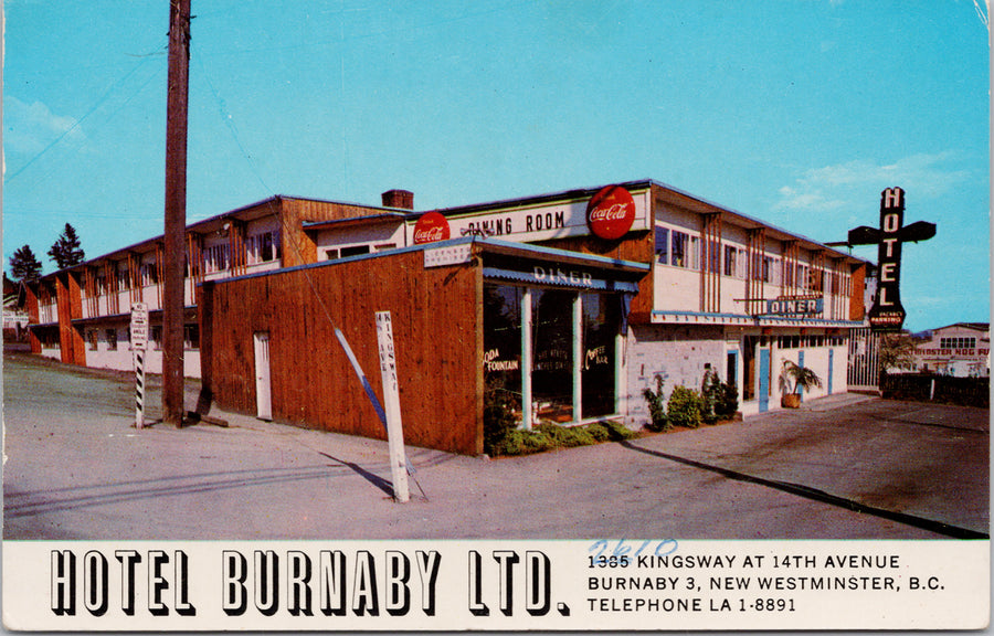 Hotel Burnaby New Westminster BC Kingsway Ave Coca-Cola Sign Vintage Postcard 