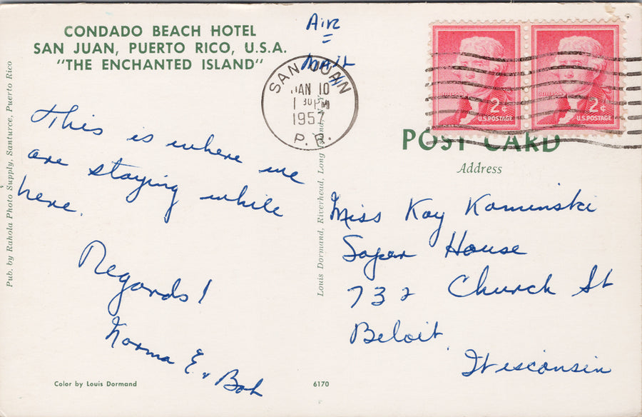 Condado Beach Hotel San Juan Puerto Rico 1950s Postcard S6