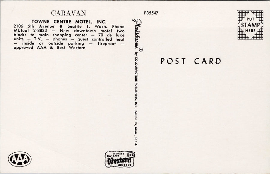 Seattle WA Caravan Towns Centre Motel Postcard S7