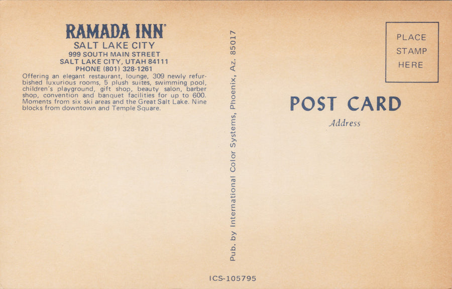 Ramada Inn Salt Lake City UT Utah Unused Postcard S7