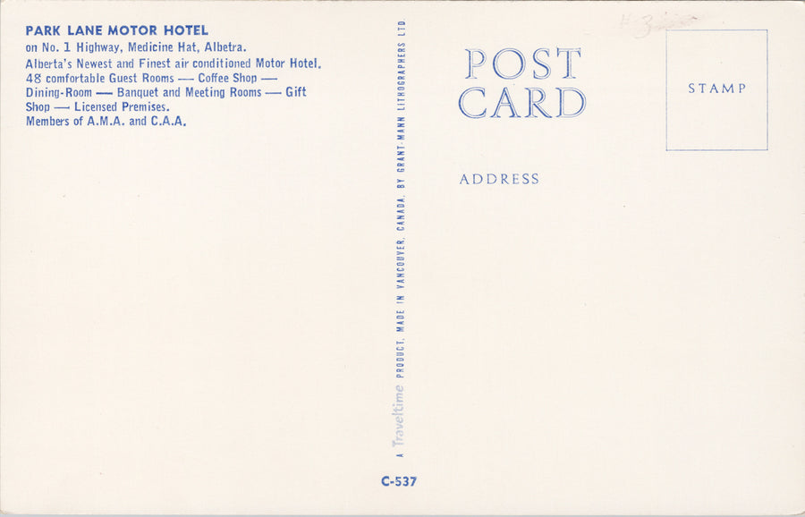 Medicine Hat Alberta Park Lane Motor Hotel Motel Unused Postcard S7